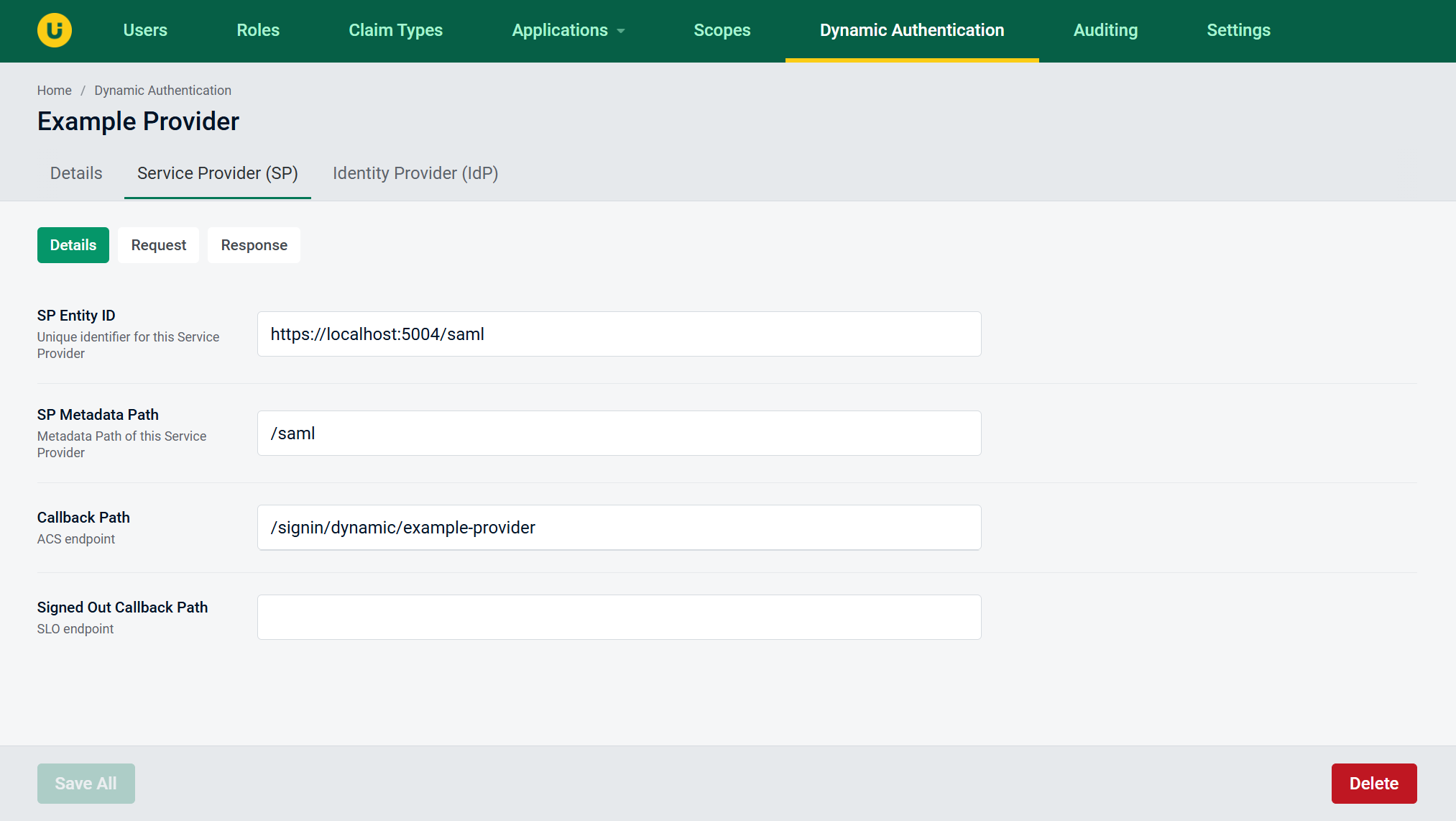 Example SAML SP Details